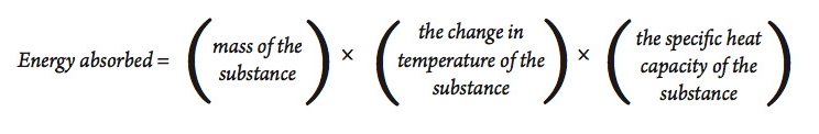 an equation for the energy absorbed by a substance, where the energy absorbed is equal to the mass of the substance times the change in temperature of the substance times the specific heat capacity of the substance.