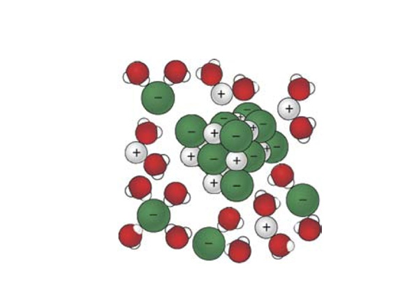 an illustration showing a sodium chloride crystal being pulled apart by water molecules.